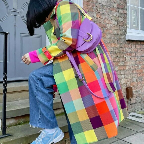 Multicolor Casual Elegant Women's Plaid Double Breasted Trench Coat with Pockets - Picture 3 of 8